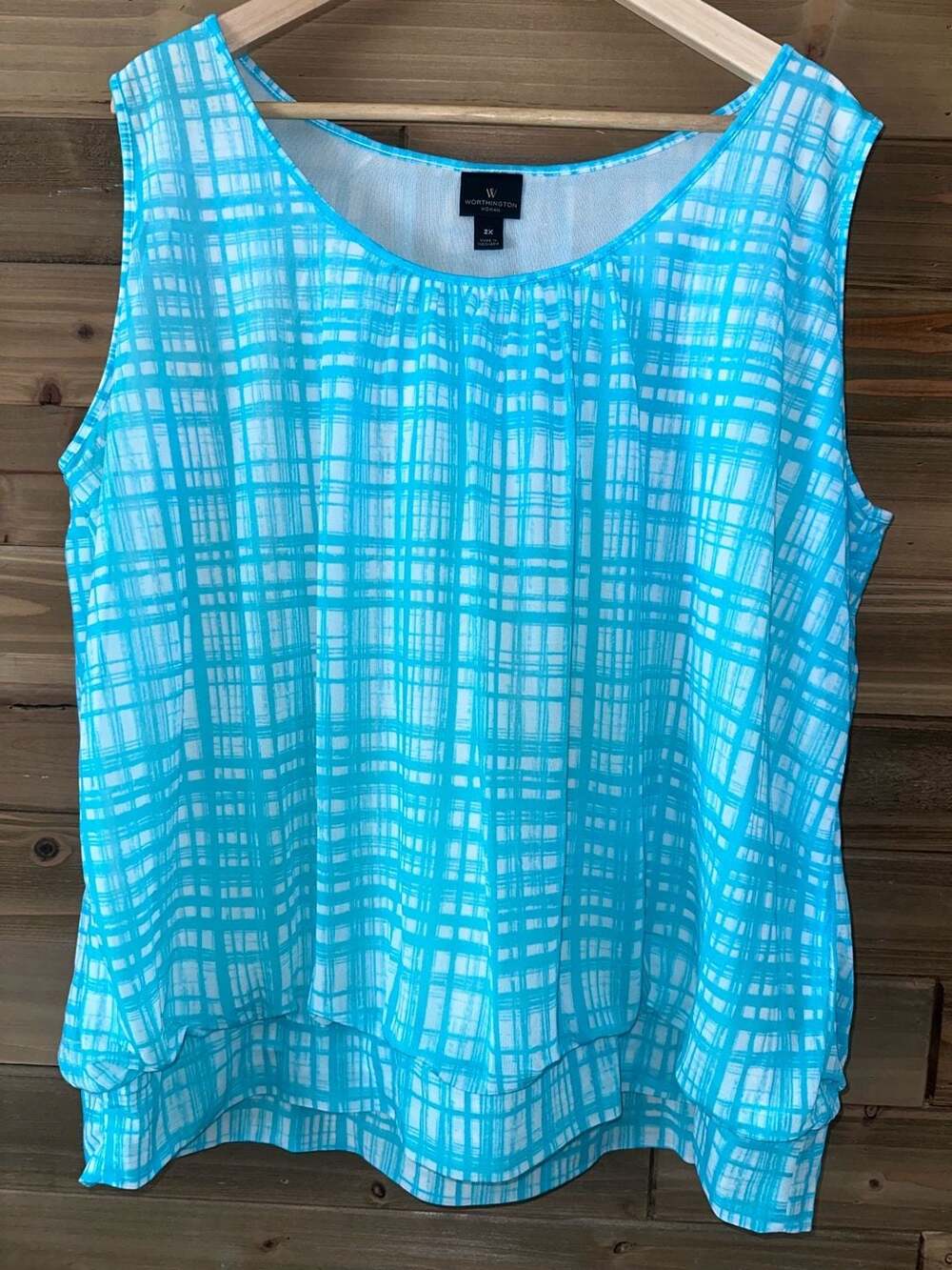 No.80 Worthington Woman Tank Top Size 2X Blue White Plaid Sleeveless Blouse